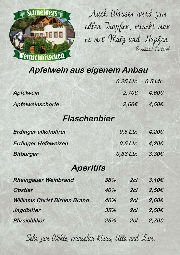 Apfelwein - Flaschenbier - Aperitifs / Schneiders Weinschlösschen