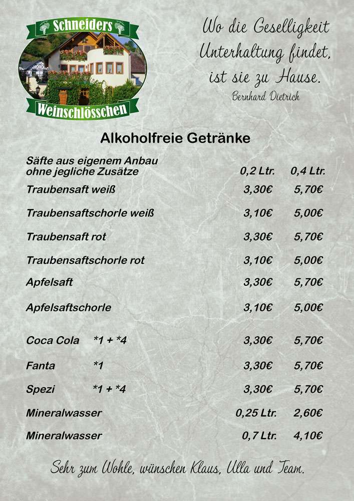 Alkoholfreie Getränke / Schneiders Weinschlösschen