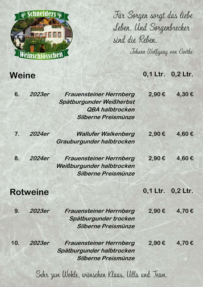 Weinkarte Weinkarte März 2026, Schneiders Weinschlösschen Frauenstein