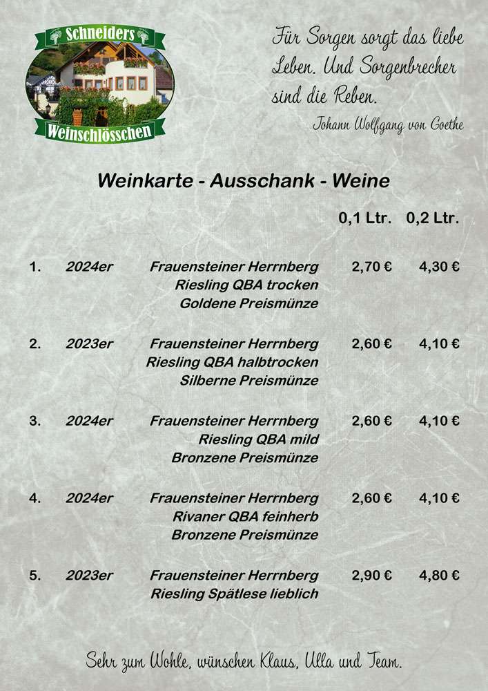 Weinkarte März 2026 Weinkarte März 2026, Schneiders Weinschlösschen Frauenstein