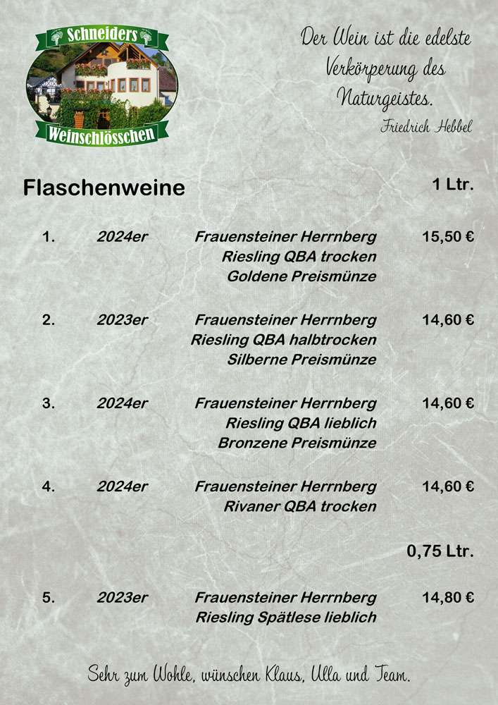 Flaschenweine Weinkarte März 2026, Schneiders Weinschlösschen Frauenstein
