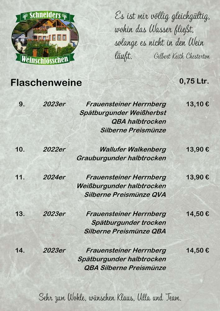 Flaschenweine Weinkarte März 2026, Schneiders Weinschlösschen Frauenstein