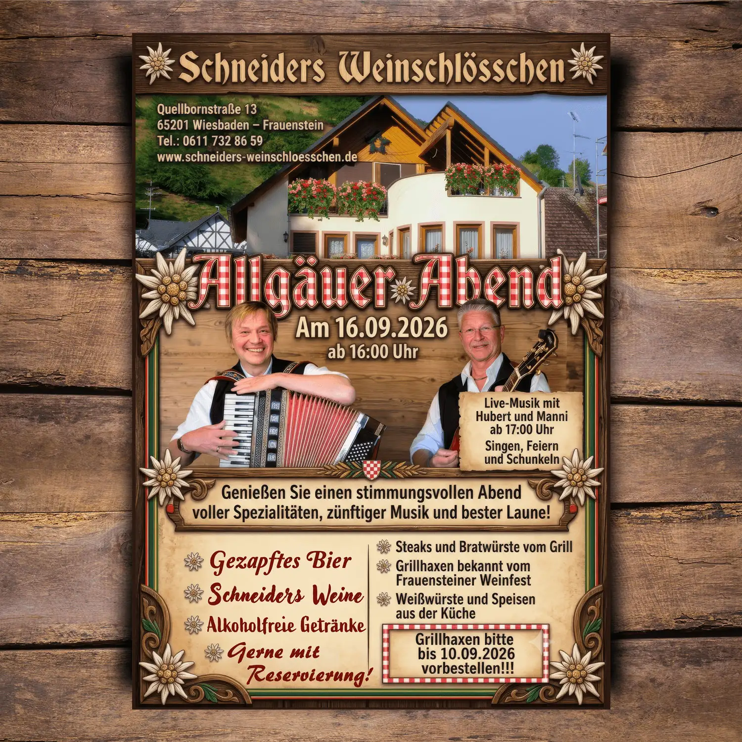 Am 16.09.2026 ab 16:00 Uhr, findet ein Tiroler Abend statt.<br />
Live Musik ab 17:00 Uhr mit Hubert und Manni.